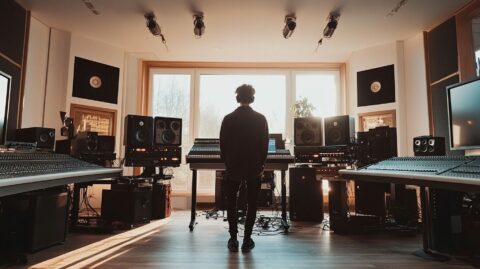 a photo of a sound designer standing in his studio, from behind