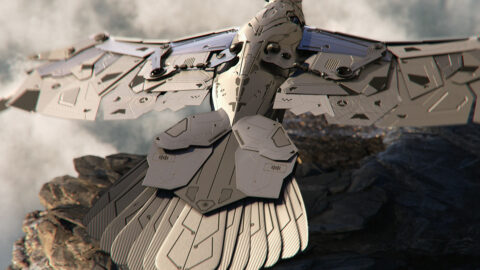 A mechanical bird with intricate metal feathers perched atop a rugged cliff, its wings spread wide, poised against a backdrop of misty skies.