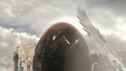 Gleaming black egg-shaped object with mysterious markings, against a dramatic backdrop of clouds and scattered debris.