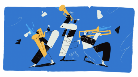 Illustration de musiciens jouant des instruments à vent sur fond bleu