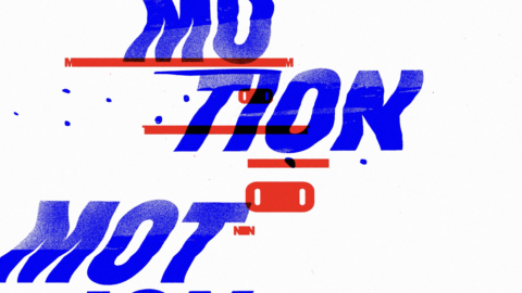 Texte "MOTION" en bleu et rouge avec un effet de mouvement sur fond blanc