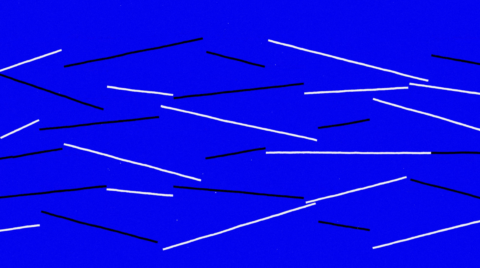 Dessin abstrait avec des lignes noires et blanches sur un fond bleu.