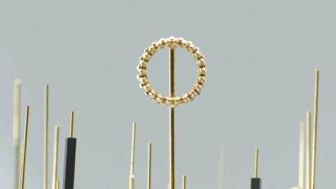Golden ring balanced on top of a slender metal rod, surrounded by an array of thin, vertical pins cast in soft focus against a neutral background.