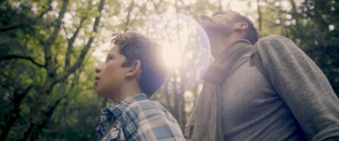 Homme et garçon regardant vers le haut dans une forêt ensoleillée