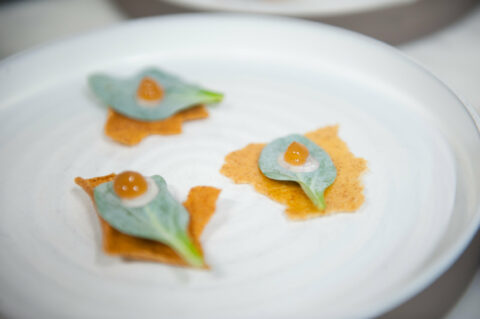 Amuse-bouche sur assiette blanche avec feuille verte et goutte de sauce.