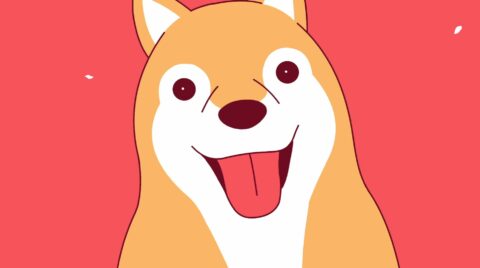 Illustration d'un chien de type Shiba Inu souriant avec un fond rose