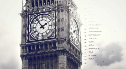 L'image montre une vue détaillée de l'horloge du Big Ben à Londres, accompagnée d'une liste de villes mondiales et de leurs fuseaux horaires respectifs. Les villes sont alignées verticalement à droite de l'image. Cette juxtaposition crée une connexion visuelle entre le célèbre repère temporel de Londres et les différentes zones horaires du monde.