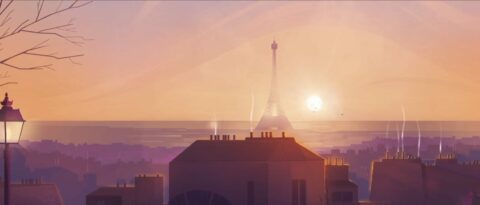 L'image montre une vue panoramique d'une ville avec la Tour Eiffel en arrière-plan, à l'heure du coucher de soleil. Le ciel est teinté de nuances de rose, de violet et d'orange, créant une atmosphère chaleureuse et apaisante. Les toits des bâtiments au premier plan sont baignés dans une douce lumière dorée, et on peut voir des cheminées d'où s'échappe de la fumée, ajoutant une touche de vie à la scène urbaine. Le soleil se trouve près de l'horizon, ajoutant une lueur éclatante à l'image.