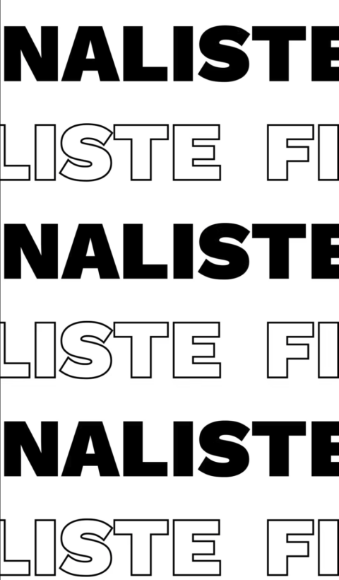 Texte "FINALISTE" en noir, deux fois, l'une en caractères pleins et l'autre en contours.