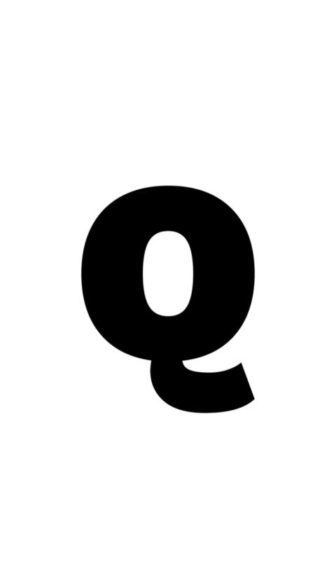 Lettre "Q" en noir sur fond blanc.