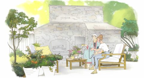 Illustration de deux personnes assises dans un jardin avec des plantes et une maison en pierre.