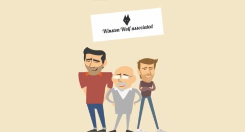 Illustration de trois hommes debout sous un panneau "Winston Wolf Well Associated".