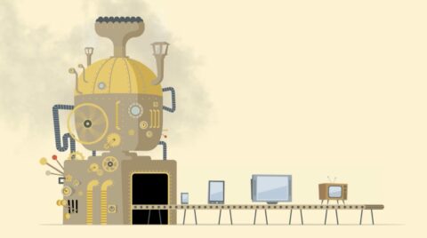 Illustration d'une machine industrielle avec des écrans sur un tapis roulant.