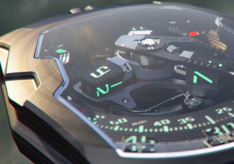 Gros plan sur le mécanisme interne d'une montre futuriste avec des chiffres lumineux verts.