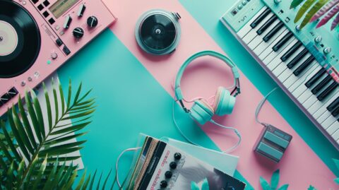 Un tourne-disque, des écouteurs et d'autres équipements musicaux sur un fond rose et bleu.