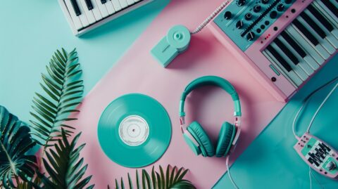 Accessoires musicaux en rose et bleu pastel, incluant un casque, un disque vinyle, un clavier et des feuilles de palmier.