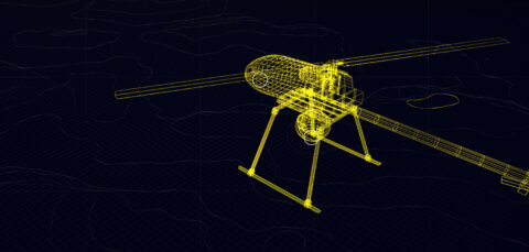 Modèle de drone filaire jaune sur fond noir.