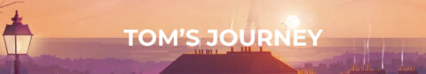 L'image montre le texte "TOM'S JOURNEY" en blanc sur un fond représentant un coucher de soleil sur une ville, probablement Paris, avec la Tour Eiffel en arrière-plan. Le style est doux et rêveur, évoquant une atmosphère de voyage et d'aventure personnelle.
