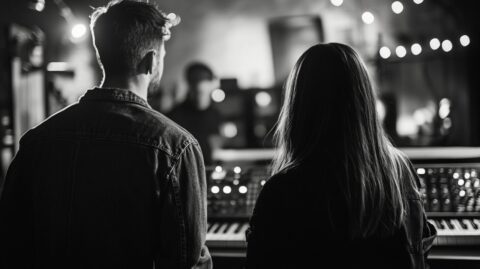 black and white picture of two people in a recording studio