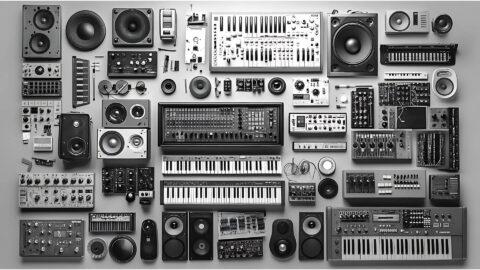 photo noir et blanc, des instruments de musique vus du dessus.